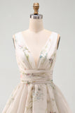 Floral V-Neck Ruched A Line Short Ivory Beach Wedding Dress