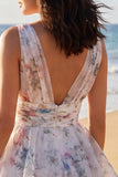 Floral V-Neck Ruched A Line Short Ivory Beach Wedding Dress