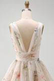 Floral V-Neck Ruched A Line Short Ivory Beach Wedding Dress