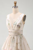 Floral V-Neck Ruched A Line Short Ivory Beach Wedding Dress