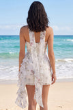 Floral Tight Short Strapless Ivory Beach Wedding Dress with Ruffles