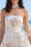 Floral Tight Short Strapless Ivory Beach Wedding Dress with Ruffles