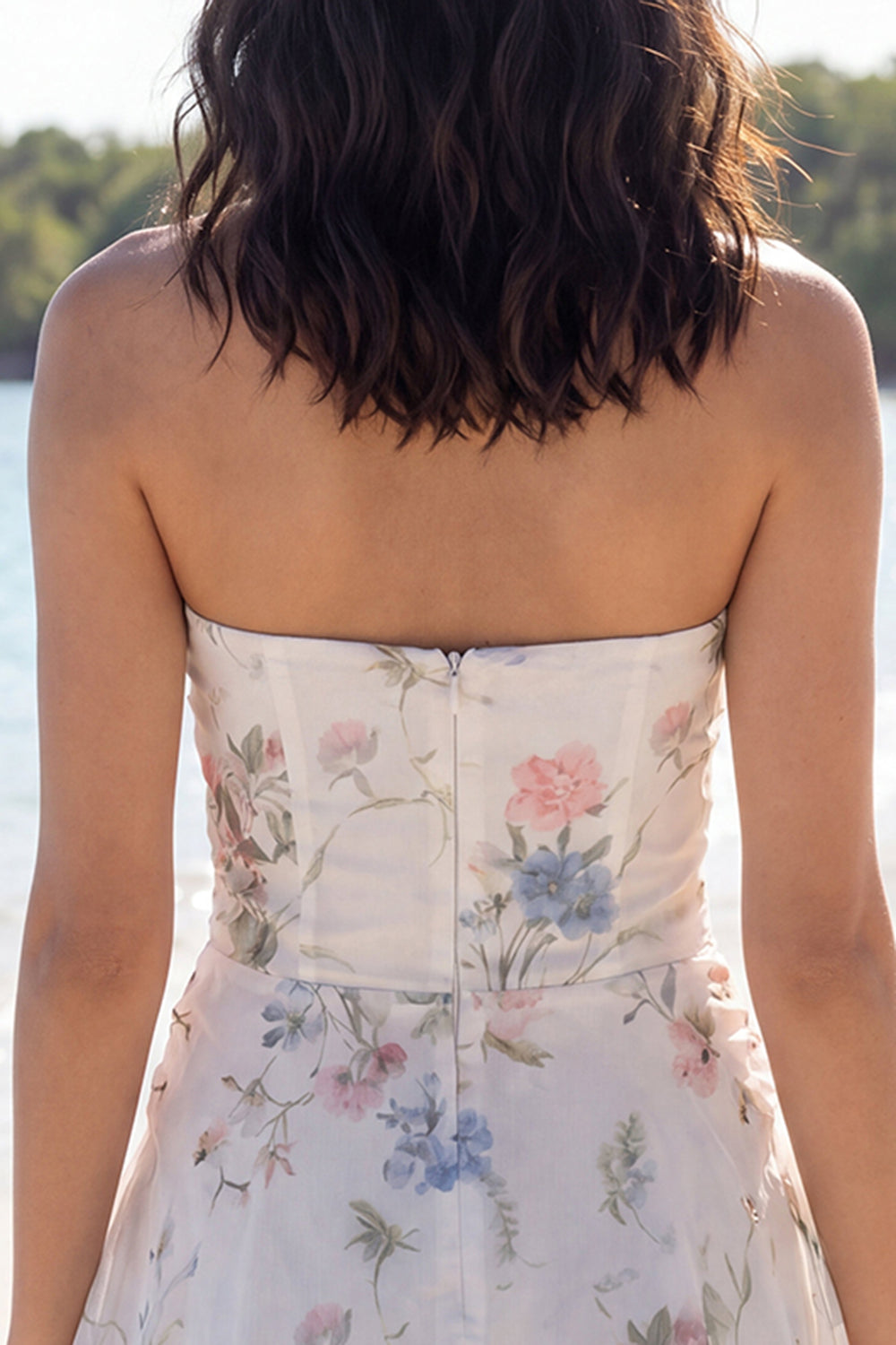 Cut Out Strapless Floral A Line Short Ivory Beach Wedding Dress