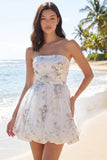 Ivory Strapless Floral A Line Short Beach Wedding Dress