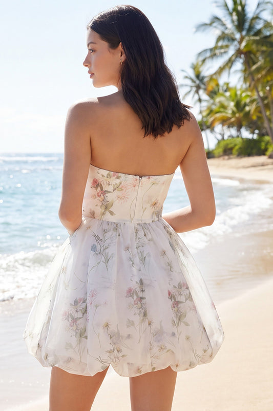 Ivory Strapless Floral A Line Short Beach Wedding Dress