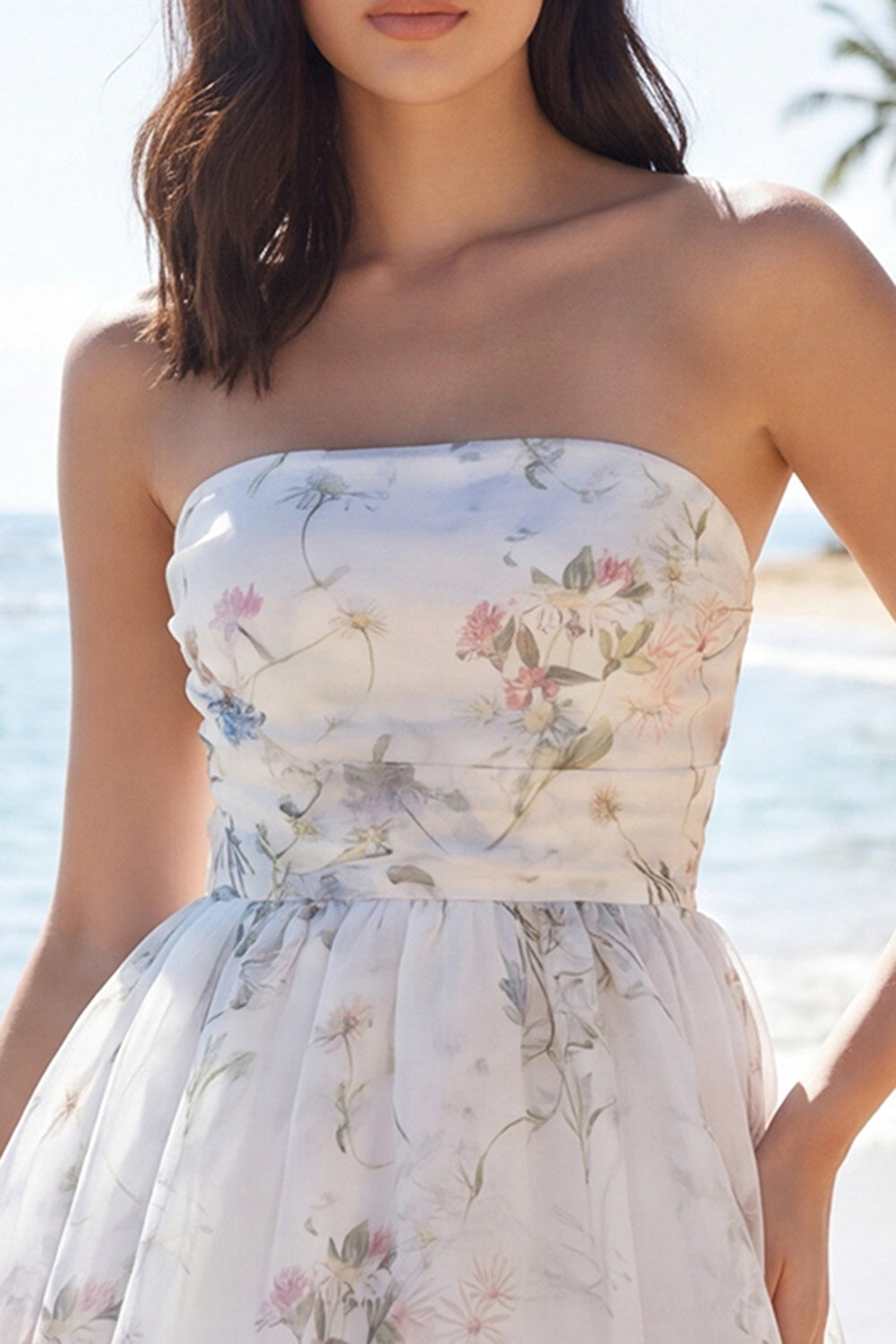 Ivory Strapless Floral A Line Short Beach Wedding Dress