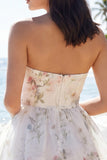 Ivory Strapless Floral A Line Short Beach Wedding Dress