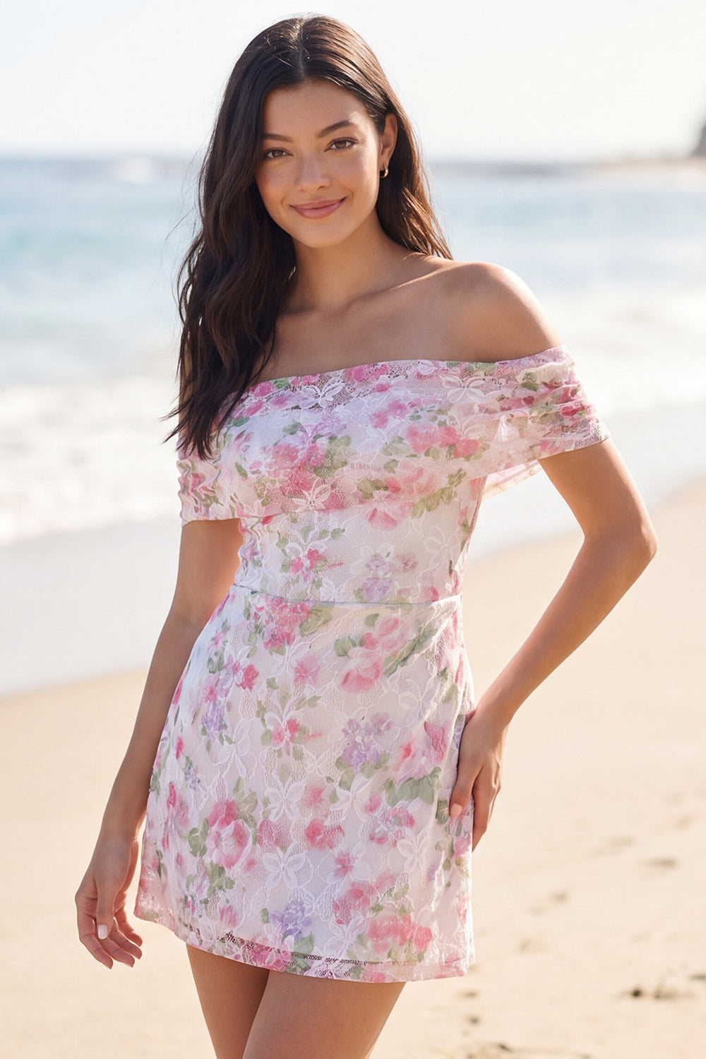 Off the Shoulder Floral Short Lace Light Pink Graduation Dress