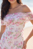 Off the Shoulder Floral Short Lace Light Pink Graduation Dress