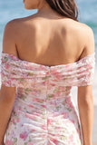 Off the Shoulder Floral Short Lace Light Pink Graduation Dress