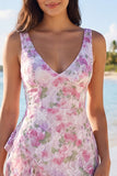 Light Pink V-Neck Floral Short Graduation Dress with Ruffles