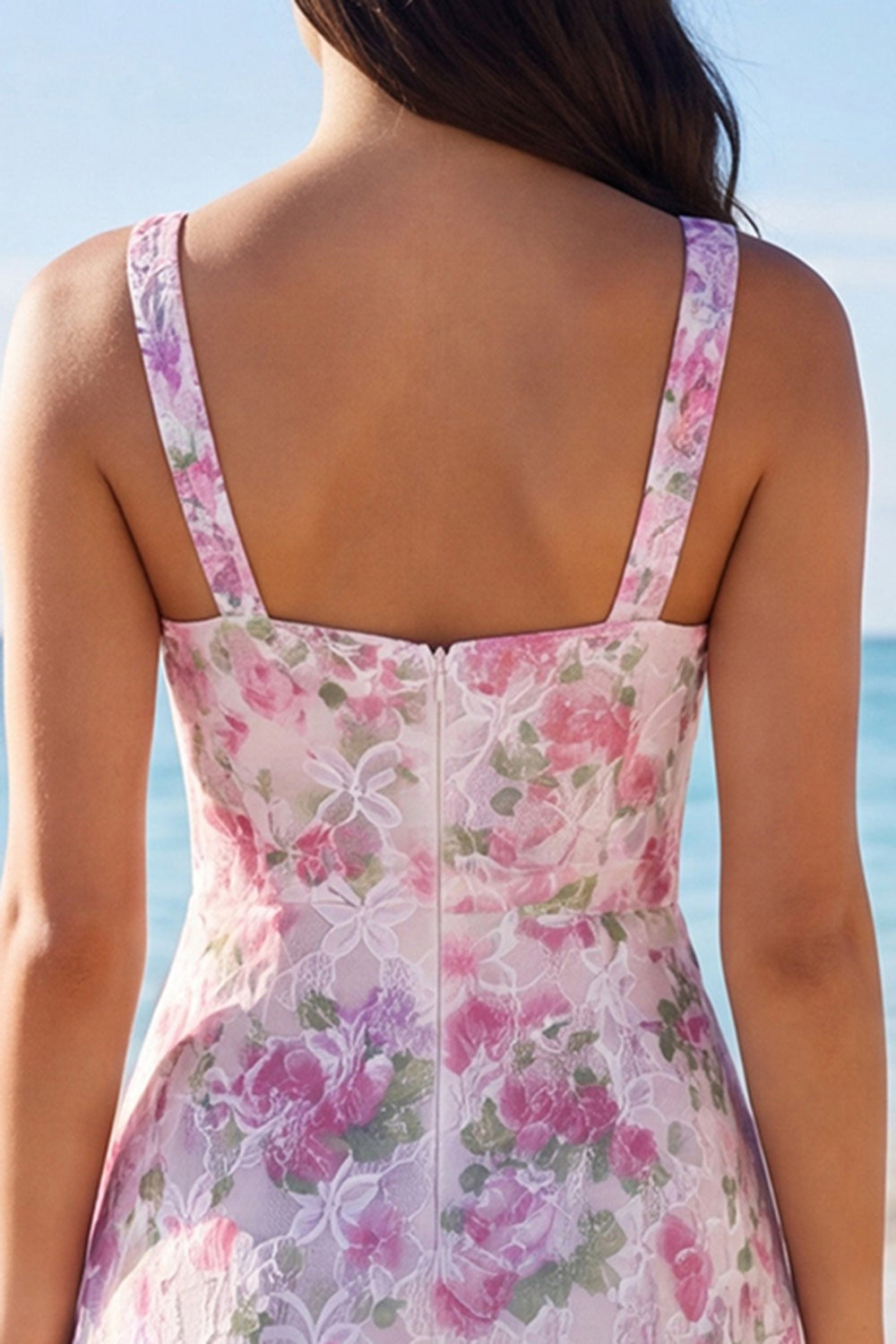 Light Pink V-Neck Floral Short Graduation Dress with Ruffles