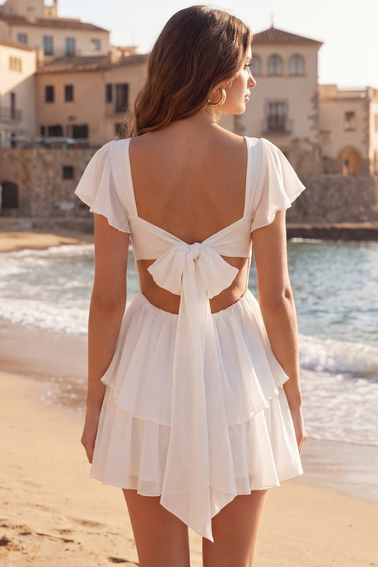 V-Neck A Line Short Ivory Beach Wedding Dress with Ruffles