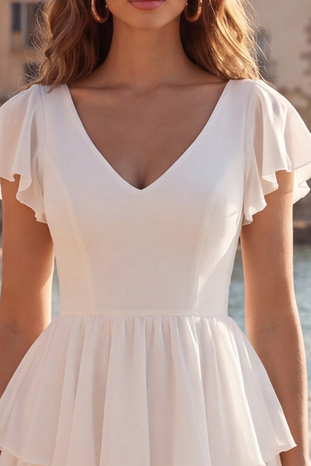 V-Neck A Line Short Ivory Beach Wedding Dress with Ruffles