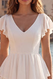 V-Neck A Line Short Ivory Beach Wedding Dress with Ruffles