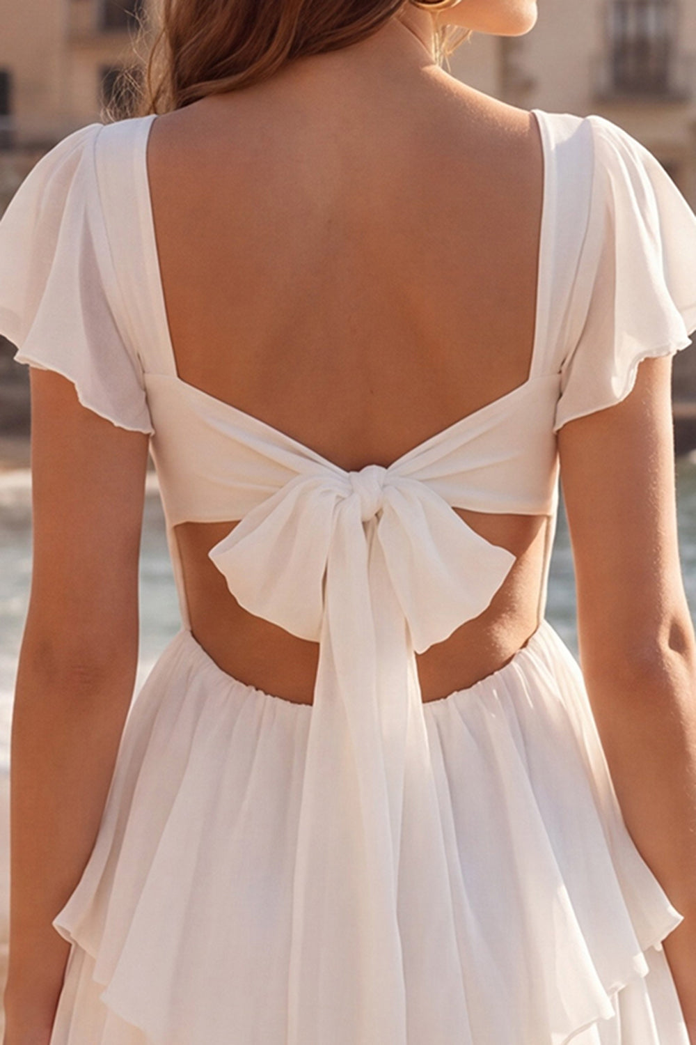 V-Neck A Line Short Ivory Beach Wedding Dress with Ruffles