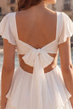 V-Neck A Line Short Ivory Beach Wedding Dress with Ruffles