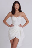 Strapless Corset Ruched Short Ivory Beach Wedding Dress with Sash