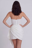 Strapless Corset Ruched Short Ivory Beach Wedding Dress with Sash