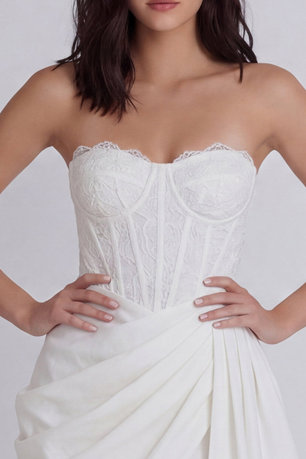 Strapless Corset Ruched Short Ivory Beach Wedding Dress with Sash
