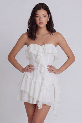 Strapless A Line Short Ivory Beach Wedding Dress with Ruffles