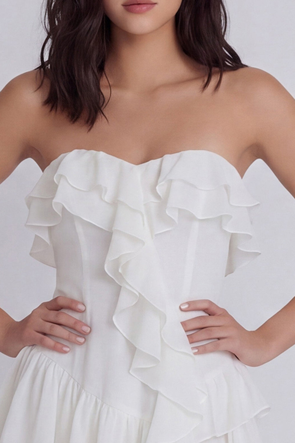 Strapless A Line Short Ivory Beach Wedding Dress with Ruffles