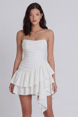 Ruched Strapless A Line Short Ivory Beach Wedding Dress with Ruffles