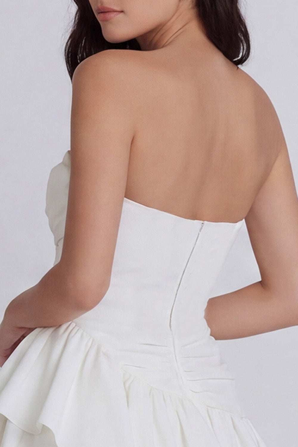 Ruched Strapless A Line Short Ivory Beach Wedding Dress with Ruffles