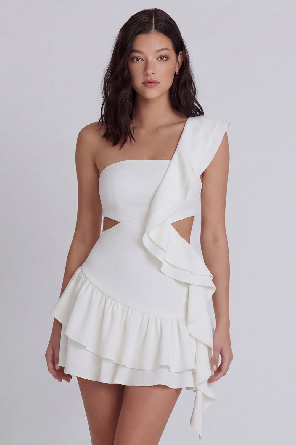 Cut Out One Shoulder A Line Short Ivory Beach Wedding Dress with Ruffles