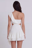 Cut Out One Shoulder A Line Short Ivory Beach Wedding Dress with Ruffles