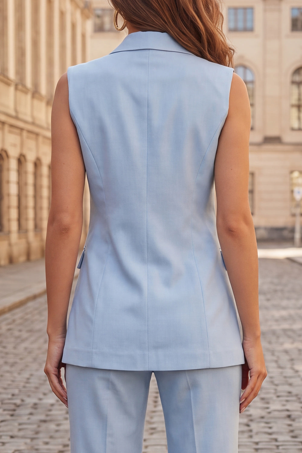 Double Breasted Peak Lapel Light Blue 2 Piece Business Suits