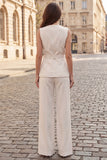 V-Neck Ivory 2 Piece Single Breasted Business Suits with Belt