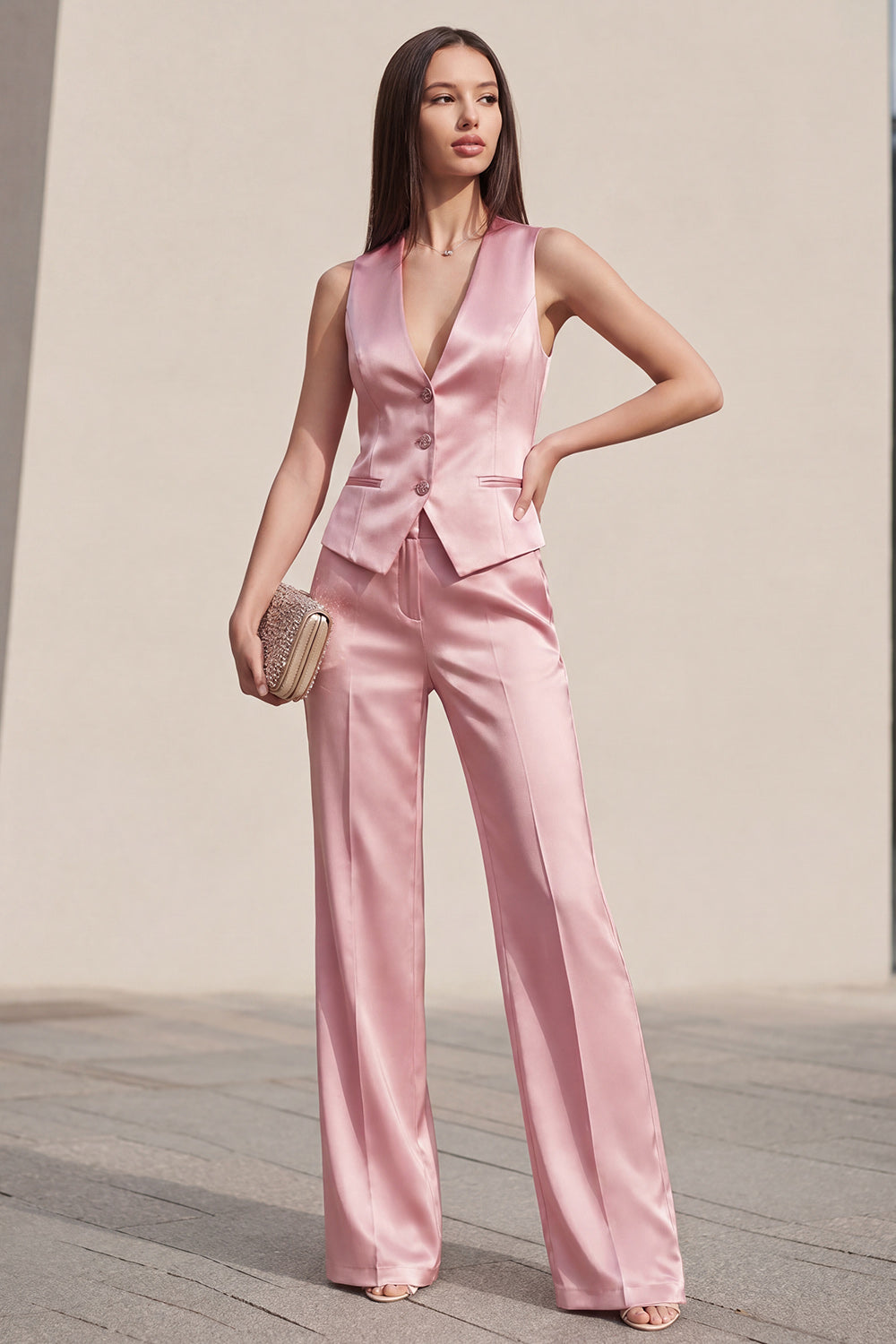 Pink V-Neck 2 Piece Single Breasted Business Suits