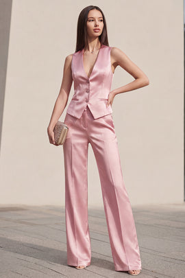 Pink V-Neck 2 Piece Single Breasted Business Suits