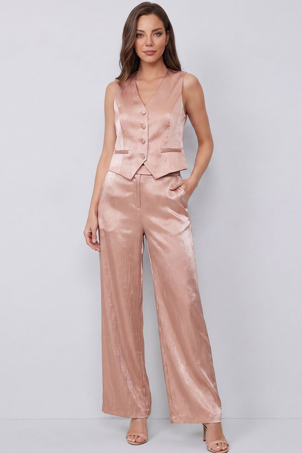 Dusty Rose V-Neck 2 Piece Single Breasted Business Suits with Pockets