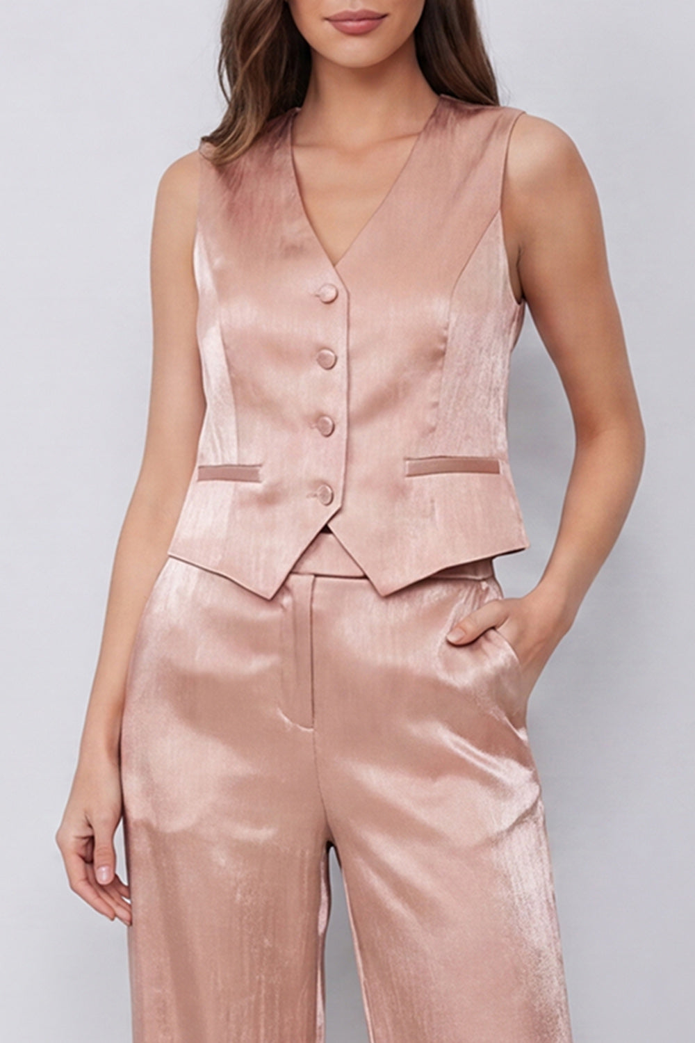 Dusty Rose V-Neck 2 Piece Single Breasted Business Suits with Pockets