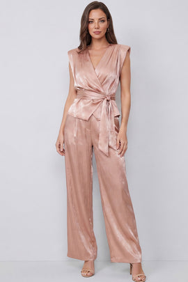 Dusty Rose 2 Piece V-Neck Ruched Wide Leg Business Suits