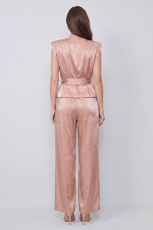 Dusty Rose 2 Piece V-Neck Ruched Wide Leg Business Suits