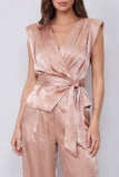 Dusty Rose 2 Piece V-Neck Ruched Wide Leg Business Suits