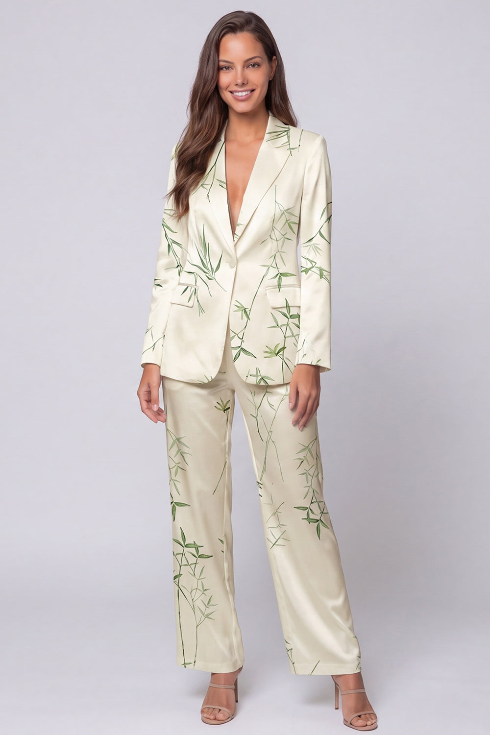 Light Green 2 Piece Notched Lapel Leaves Print Long Sleeves Single Breasted Business Suits