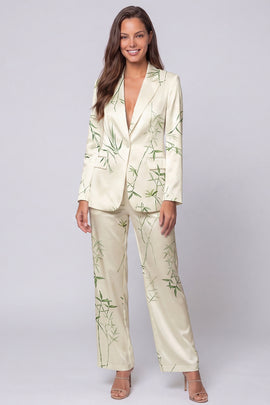 Light Green 2 Piece Notched Lapel Leaves Print Long Sleeves Single Breasted Business Suits