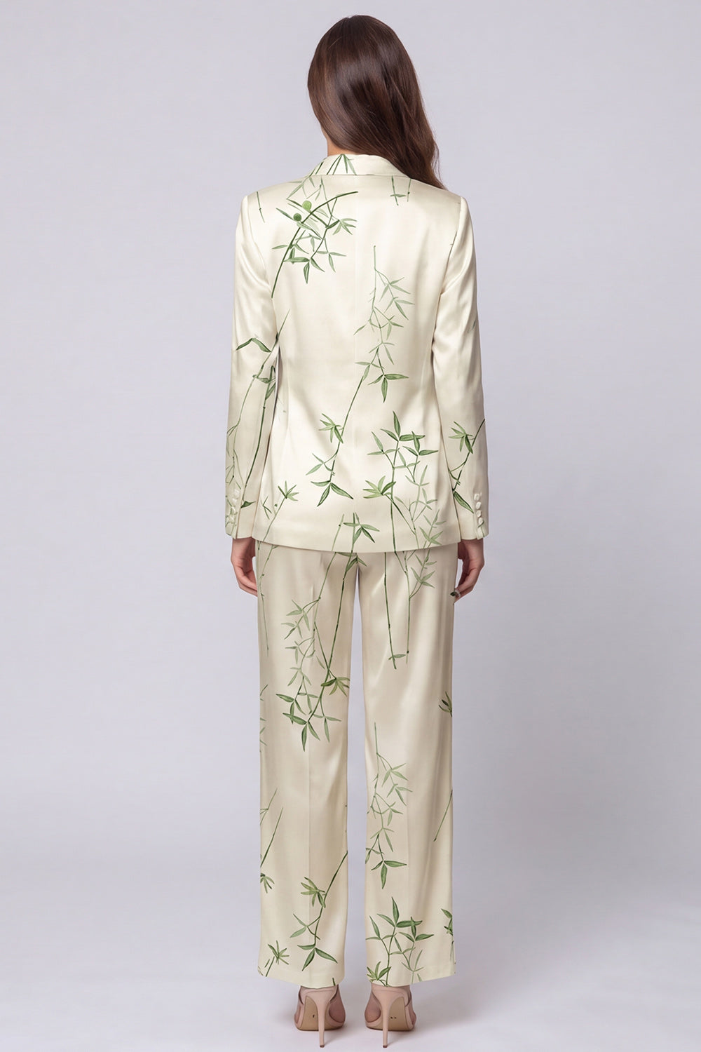 Light Green 2 Piece Notched Lapel Leaves Print Long Sleeves Single Breasted Business Suits