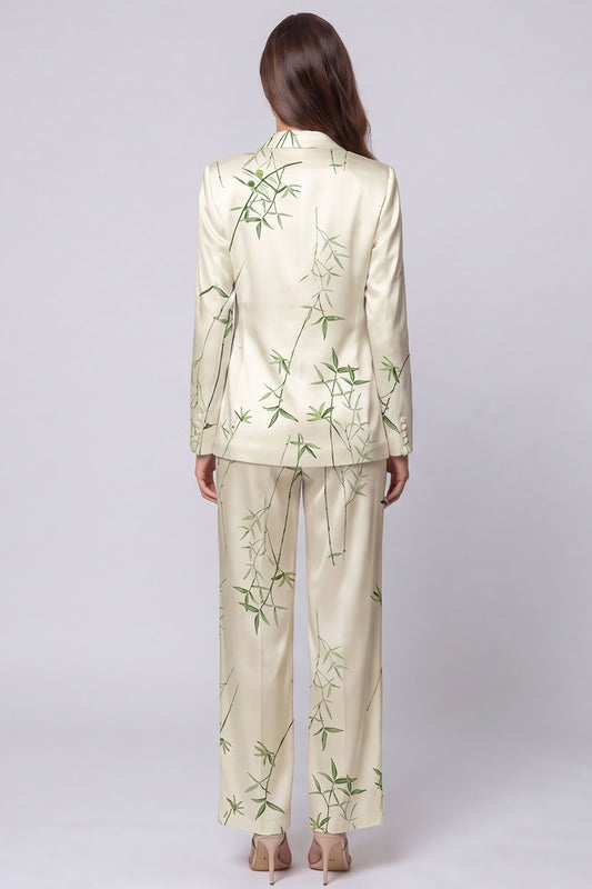 Light Green 2 Piece Notched Lapel Leaves Print Long Sleeves Single Breasted Business Suits