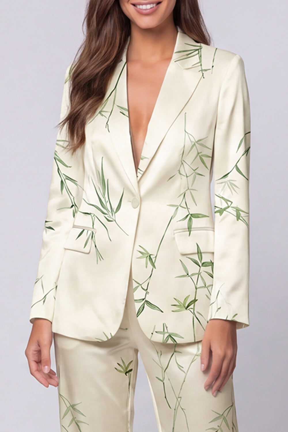 Light Green 2 Piece Notched Lapel Leaves Print Long Sleeves Single Breasted Business Suits