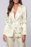 Light Green 2 Piece Notched Lapel Leaves Print Long Sleeves Single Breasted Business Suits
