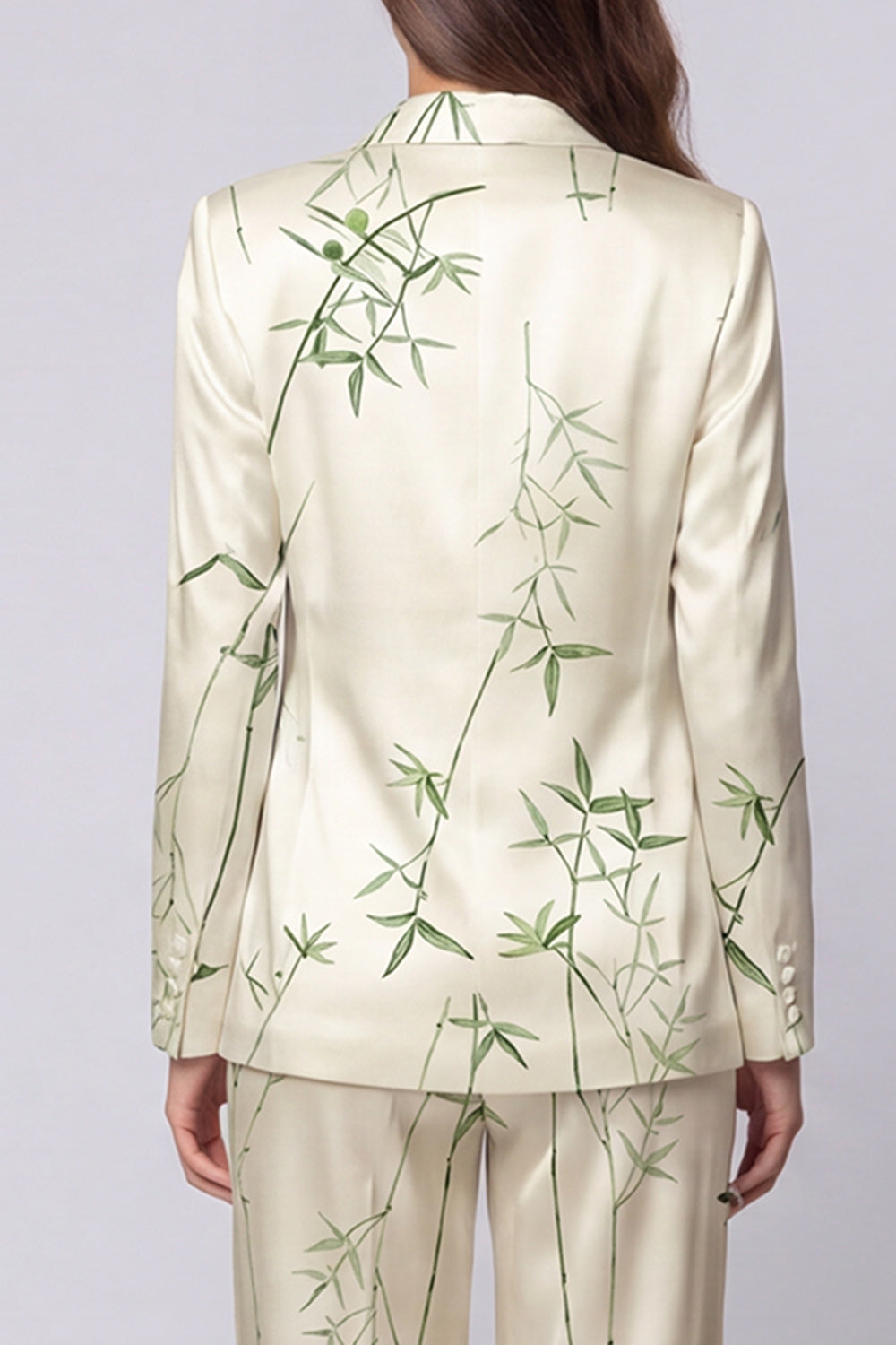 Light Green 2 Piece Notched Lapel Leaves Print Long Sleeves Single Breasted Business Suits