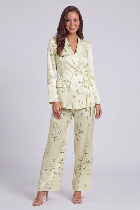 2 Piece Light Green Notched Lapel Leaves Print Long Sleeves Business Suits