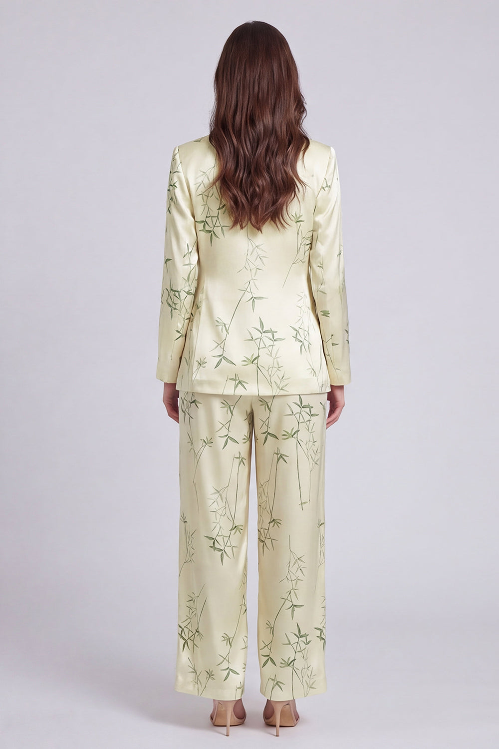 2 Piece Light Green Notched Lapel Leaves Print Long Sleeves Business Suits