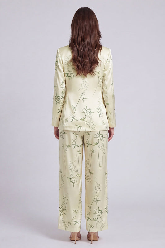 2 Piece Light Green Notched Lapel Leaves Print Long Sleeves Business Suits