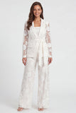Floral 2 Piece Ivory Notched Lapel Long Sleeves Lace Business Suits
